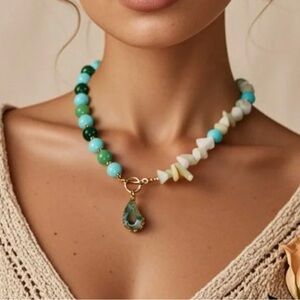 Green Beaded Necklace with Teardrop pendant